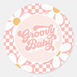 Pegatina Redonda Groovy Baby Pink Check Daisy
