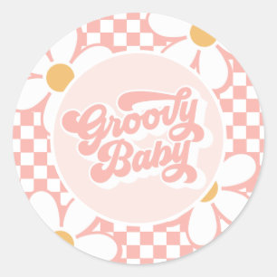 Pegatina Redonda Groovy Baby Pink Check Daisy