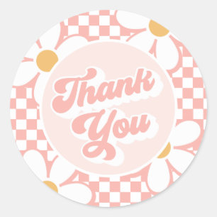 Pegatina Redonda Groovy Baby Pink Check Daisy gracias