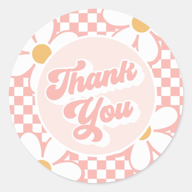 Pegatina Redonda Groovy Baby Pink Check Daisy gracias (Anverso)