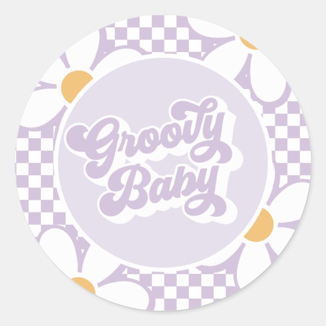 Pegatina Redonda Groovy Baby Purple Daisy Checker (Anverso)