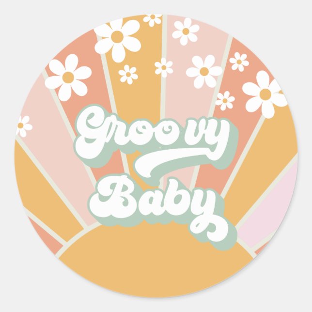Pegatina Redonda Groovy Baby Retro Sunshine Hippie Baby Shower (Anverso)
