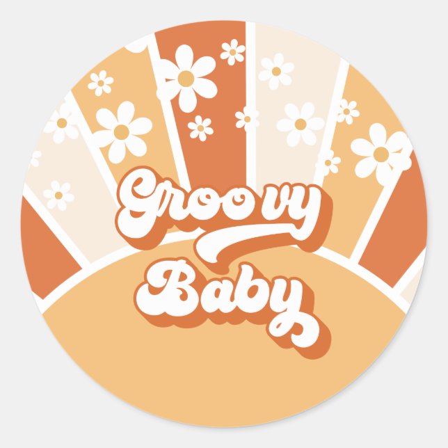 Pegatina Redonda Groovy Baby Retro Sunshine Hippie Baby Shower (Anverso)