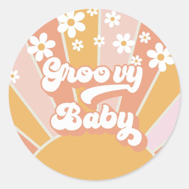 Pegatina Redonda Groovy Baby Retro Sunshine Hippie Baby Shower Clas (Anverso)