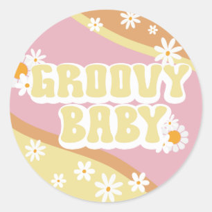 Pegatina Redonda Groovy Baby Shower, Boho Retro, Vibe de los 70