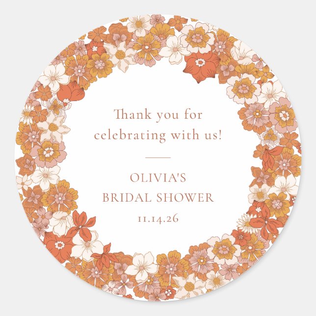 Pegatina Redonda Groovy Boho Naranja Floral Bridal Shower (Anverso)