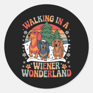 Pegatina Redonda Groovy Caminando En Un Wiener Wonderland Dachshund