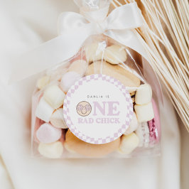 Pegatina Redonda Groovy Chica Checkered Happy Face | 1 cumpleaños