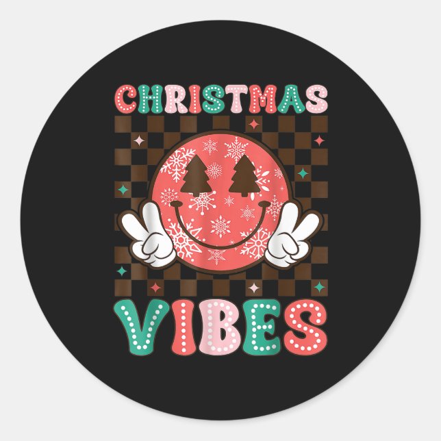 Pegatina Redonda Groovy Christmas Vibes Happy Smile Face Xmas Holid (Anverso)