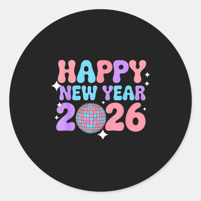 Pegatina Redonda Groovy Cute Happy New Year 2026 Disco Ball  (Anverso)