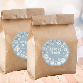 Pegatina Redonda Groovy Daisy Blue Retro Baby Shower