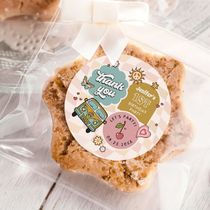 Pegatina Redonda Groovy Daisy Retro Primer Fiesta de cumpleaños