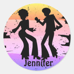 Pegatina Redonda Groovy Disco Retro 70 Bailarinas Silhouettes