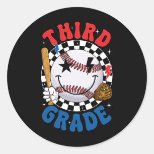 Pegatina Redonda Groovy Equipo De Béisbol De Tercer Grado Primer Dí