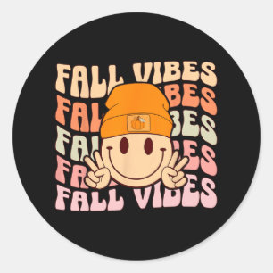 Pegatina Redonda Groovy Fall Vibes Smile Face Retro Otoño Vibes Me