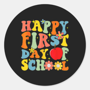 Pegatina Redonda Groovy Feliz Primer Día De La Escuela De Vuelta A 
