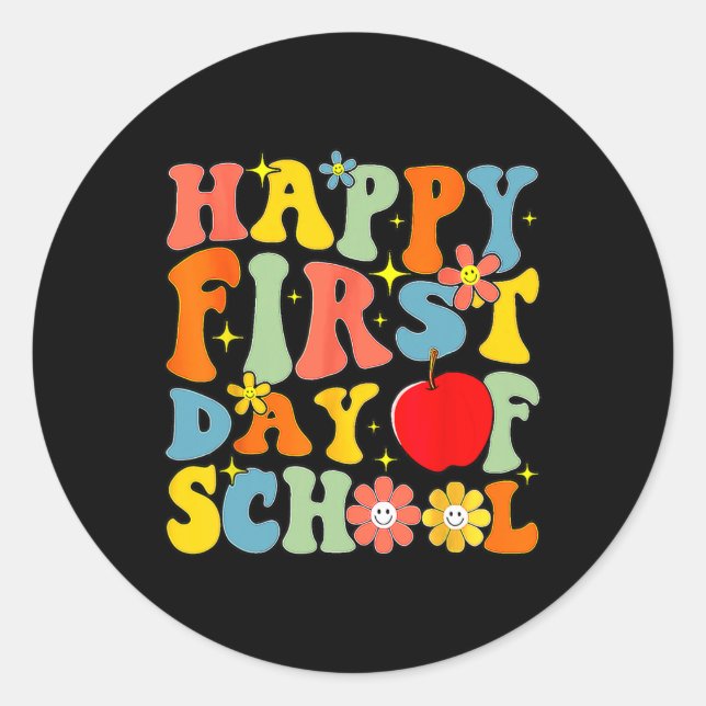 Pegatina Redonda Groovy Feliz Primer Día De La Escuela De Vuelta A  (Anverso)