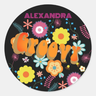 Pegatina Redonda Groovy Flower Power Pink Black