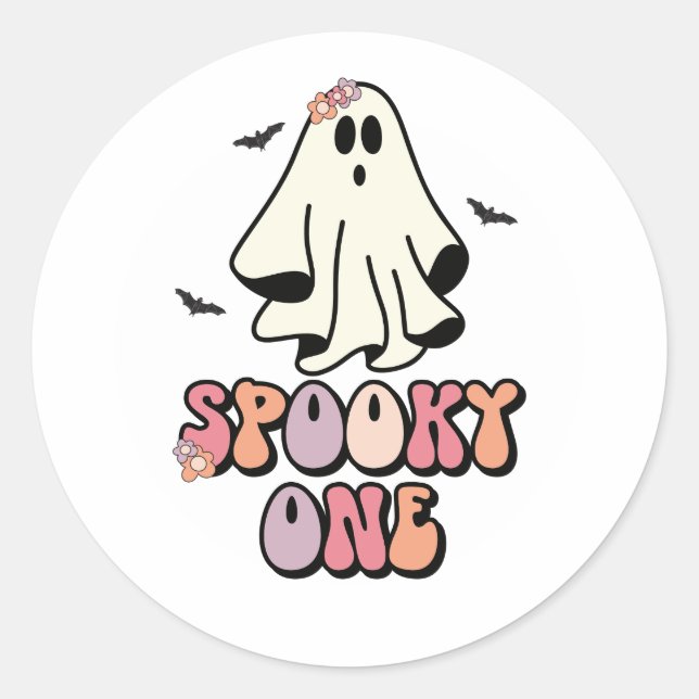 Pegatina Redonda groovy Ghost retro Halloween Spooky Un cumpleaños (Anverso)