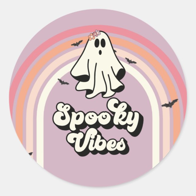 Pegatina Redonda groovy Ghost retro Halloween Spooky Vibes Cumpleañ (Anverso)