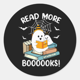 Pegatina Redonda Groovy Halloween Ghost Leer más libros Bibliotecar