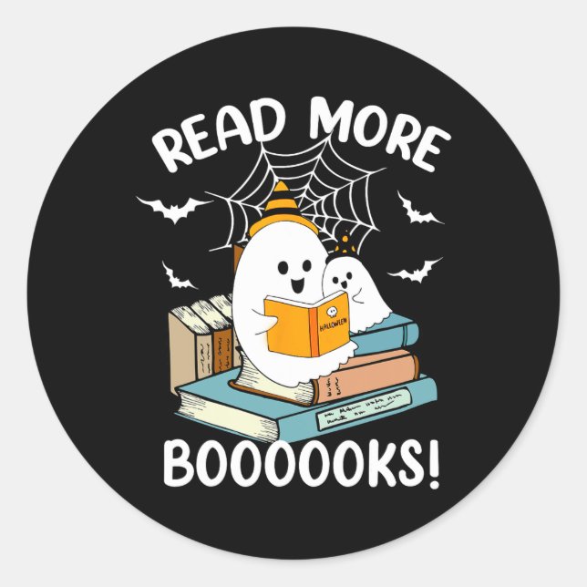 Pegatina Redonda Groovy Halloween Ghost Leer más libros Bibliotecar (Anverso)