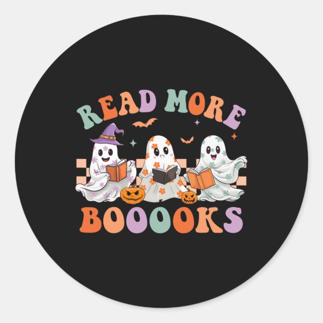 Pegatina Redonda Groovy Halloween Leer más libros Floral Fantasma B (Anverso)
