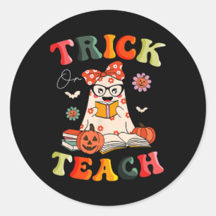 Pegatina Redonda Groovy Halloween Trick o Teach Retro Floral Ghost