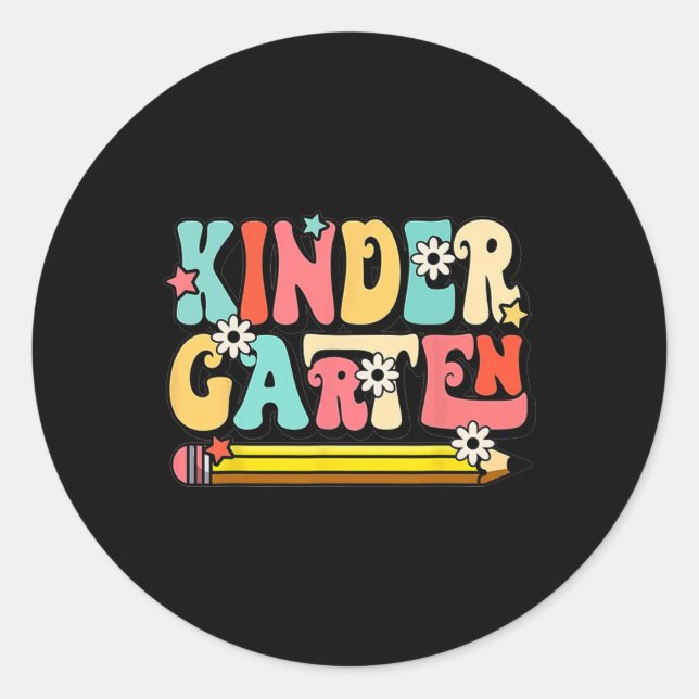 Pegatina Redonda Groovy Hello Kindergarten Vibes profesor retro de  (Anverso)