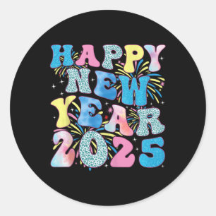 Pegatina Redonda Groovy Hello New Year 2025 Family Matching Celebra