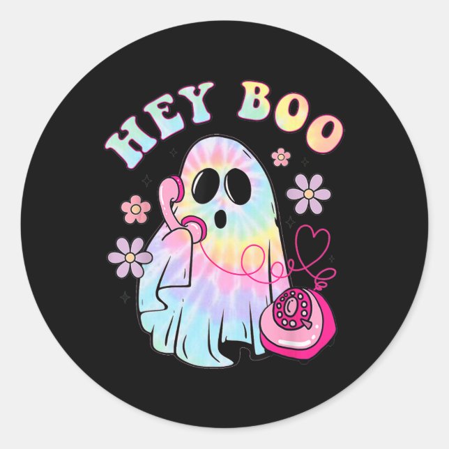 Pegatina Redonda Groovy Hey Boo Cute Ghost Funny Halloween Chicas W (Anverso)