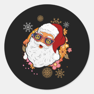 Pegatina Redonda Groovy Hippie Santa Claus Floral Signo de paz retr