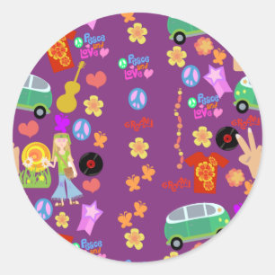 Pegatina Redonda Groovy Hippy Vibes Purple Pattern Art