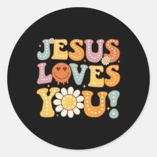 Pegatina Redonda Groovy Jesús Te Ama Niños Mujeres Fe Religiosa