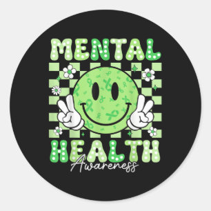 Pegatina Redonda Groovy Mental Health Awareness Funny Smile Face Bo