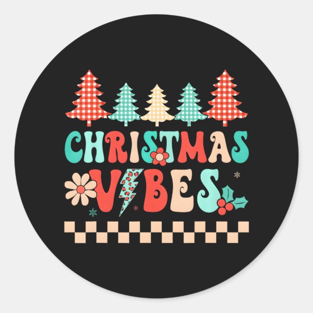 Pegatina Redonda Groovy Merry Christmas Vibes Hippie Family (Anverso)