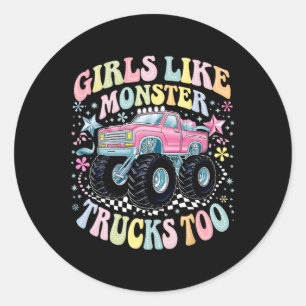 Pegatina Redonda Groovy Monster Truck Chicas de cumpleaños como Mon