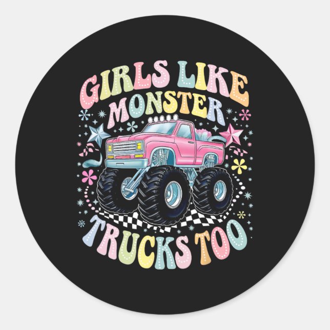 Pegatina Redonda Groovy Monster Truck Chicas de cumpleaños como Mon (Anverso)