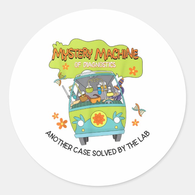 Pegatina Redonda Groovy Mystery Machine Of Diagnostics Lab Tech Lab (Anverso)