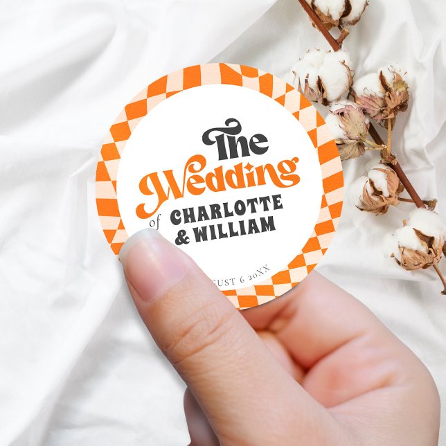 Pegatina Redonda Groovy Naranja Boda retro moderno controlado (Subido por el creador)