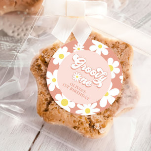 Pegatina Redonda Groovy One Boho Retro Daisy Primer Fiesta de cumpl