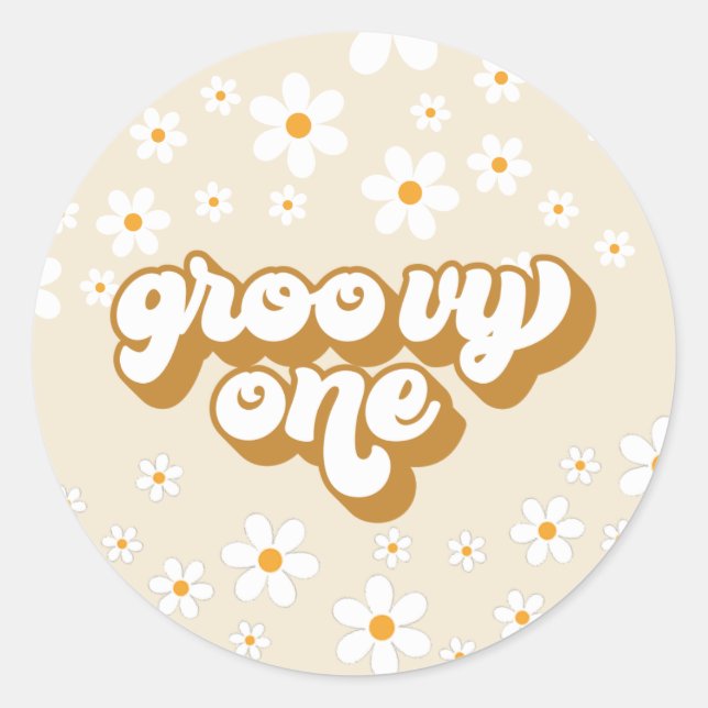 Pegatina Redonda Groovy One Retro Daisy 1er Cumpleaños (Anverso)