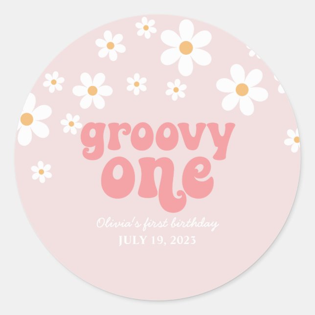 Pegatina Redonda Groovy One Retro daisy boho floral primer cumpleañ (Anverso)