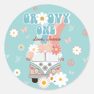 Pegatina Redonda Groovy One Retro Daisy Rainbow First Birday