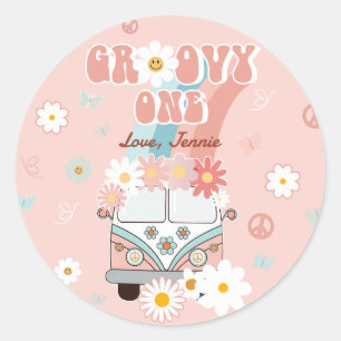 Pegatina Redonda Groovy One Retro Daisy Rainbow First Birday