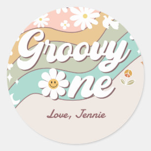 Pegatina Redonda Groovy One Retro Daisy Rainbow First Birday