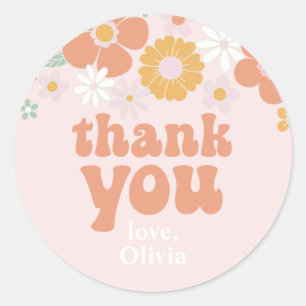 Pegatina Redonda Groovy One Retro Floral favor de agradecimiento