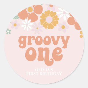 Pegatina Redonda Groovy One Retro Floral primer cumpleaños