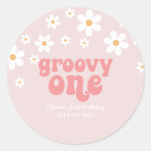 Pegatina Redonda Groovy One Retro margarita boho floral primer cump