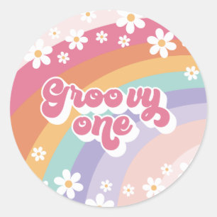 Pegatina Redonda Groovy One Retro Rainbow Primer cumpleaños